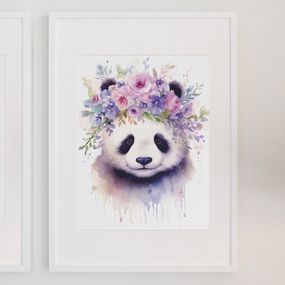 Watercolor Panda Bear With Flowers Portrait Wall Art Illustration Print Unframed - Picture 3 of 6
